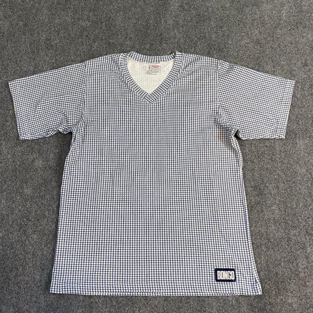 Bongo Gene Montesano T-shirt S White Check V-Neck Made in USA Unisex